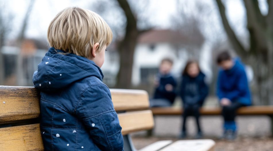 Ein blondes Kind sitzt allein auf einer Bank in einem Park und schaut traurig zu drei anderen Kindern, die gemeinsam auf einer anderen Bank sitzen und miteinander reden.