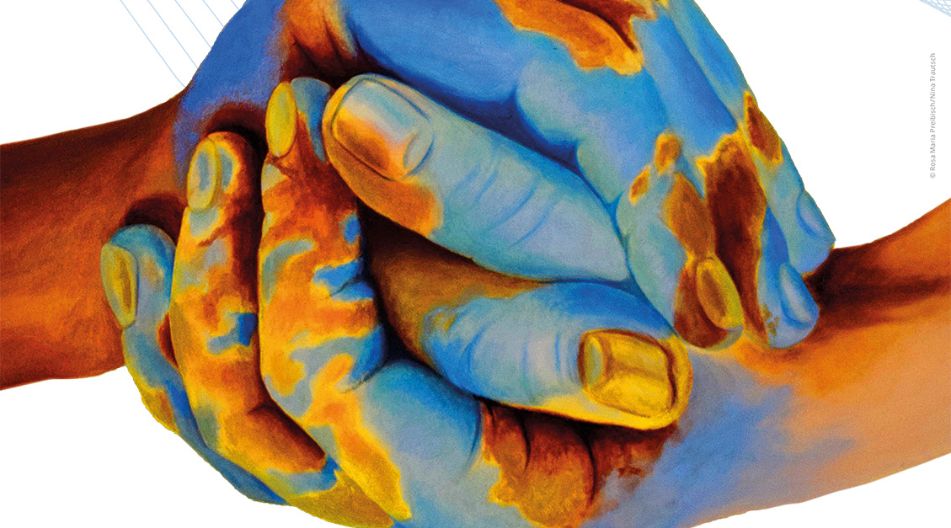 Zwei ineinandergreifende Hände, die eine in blauen und orangefarbenen Tönen, die andere in natürlichen Hautfarben, vor weißem Hintergrund mit Logos und Text zum 74. Europäischen Wettbewerb 2027