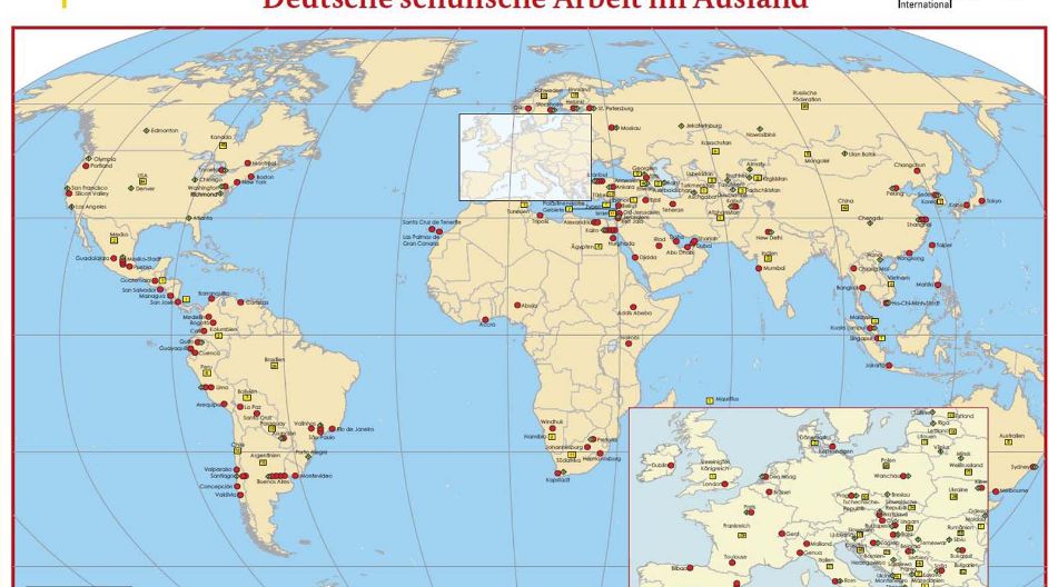 Weltkarte Deutsche schulische Arbeit im Ausland Karte der Welt mit vielen Ländern und Städten, die die globale Verteilung der deutschen schulischen Arbeit im Ausland veranschaulicht.