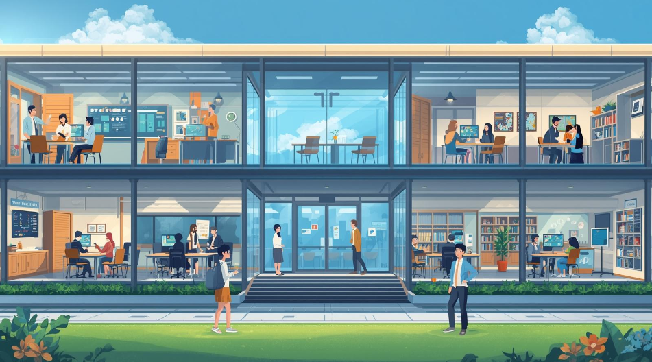 Moderne Glasgebäude-Ansicht mit mehreren Räumen, in denen Menschen arbeiten, lernen und sich austauschen.