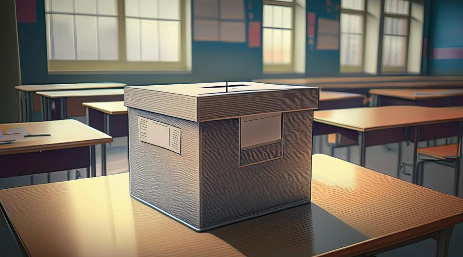 Eine Wahlurne steht auf einem Tisch in einem Klassenraum