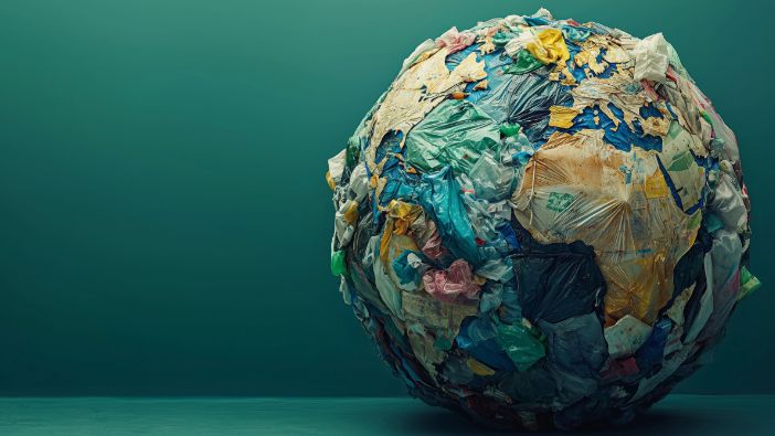 Ein Kunstwerk zeigt eine Kugel, die wie die Erde geformt ist, aber vollständig aus zusammengedrücktem Plastikmüll besteht. Der Hintergrund ist in einem schlichten grünen Farbton gehalten. Ein Kunstwerk zeigt eine Kugel, die wie die Erde geformt ist, aber vollständig aus zusammengedrücktem Plastikmüll besteht. Der Hintergrund ist in einem schlichten grünen Farbton gehalten.