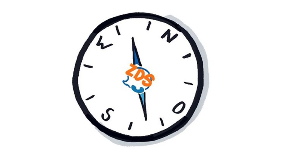 Gezeichneter Kompass mit schwarzem Rand auf weißem Hintergrund. In der Mitte stehen die orangefarbenen Buchstaben 'ZDS' über einer stilisierten blauen Welle. Die Himmelsrichtungen Nord (N), Ost (O), Süd (S) und West (W) sind mit schwarzen Buchstaben markiert.